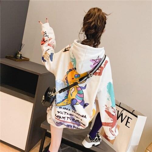 Cartoon Dinosaur Print Sweatshirts Women Autumn Winter Plus Velvet Thick Loose Hoodies Pullover Harajuku Casual Outwear Hoodies