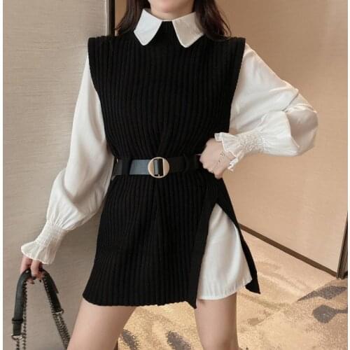Womens Sweater 2pcs Set Lantern Sleeve White Shirt Knitted Vest Sweater Sweet Korean Style Waistband Vest Top Oufit Fashion