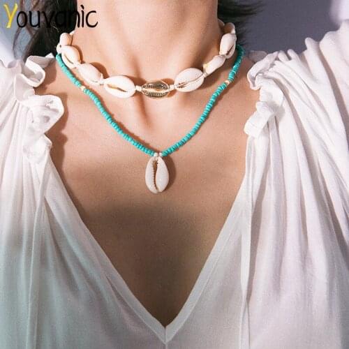 Youvanic Boho Sea Shell Pendant Choker Necklace For Women Layered Green Beads Chokers Neck Chains Collares Fashion Jewelry 0234