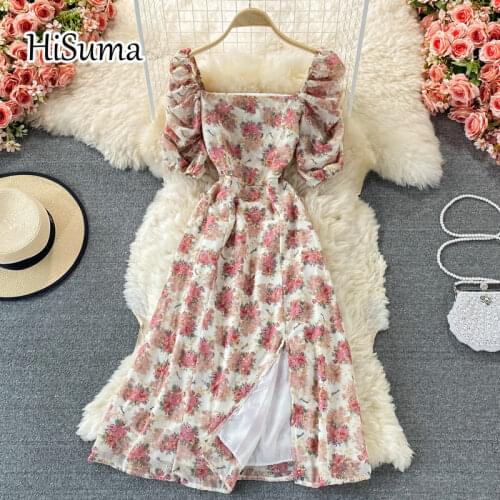 2021 summer new women Square neck puff sleeve embroidery flower print chiffon A-line dress female Chic elegant party dresses