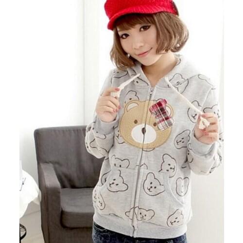 Female Cartoon embroidery cute bear warm fleece zipper coat