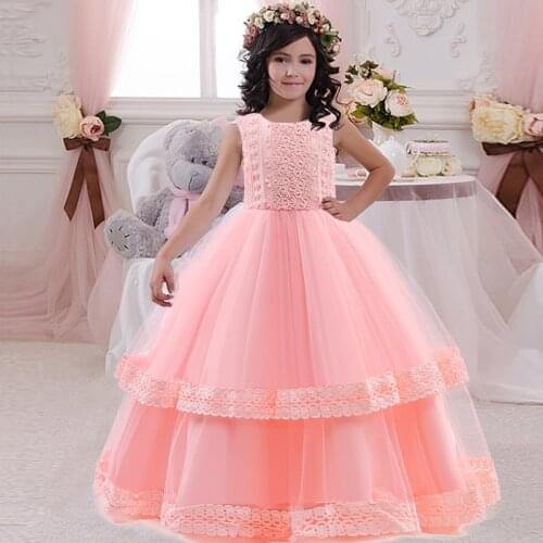 2021 Summer Applique Kids Pink Bridesmaid Dresses For Girls Costumes Princess Dress Clothes Wedding Party Girl Dress Pearls Gown