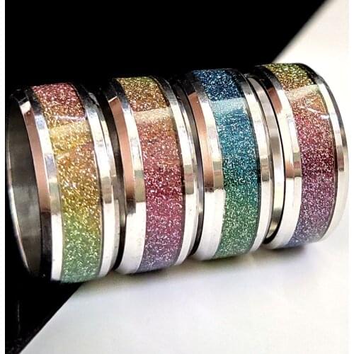 36pcs Unique design Colored Glitter Silver Band Ring 8mm Bevel edge Stainless Steel Ring Silver Wedding Bands Jewelry