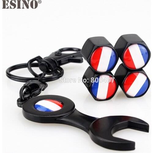 40 x Car Styling Stainless Steel Zinc Alloy Wheel Tire Valve Stems Caps France Flag Universal Fit With Mini Wrench Key Chain