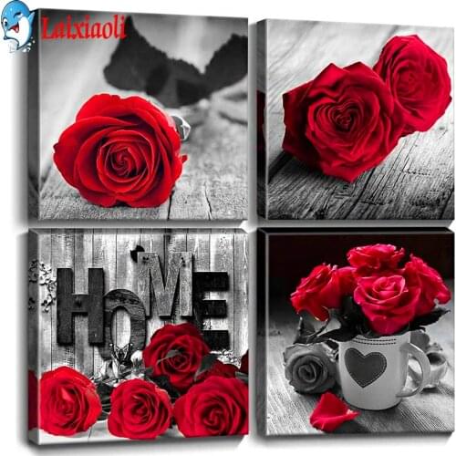 DIY Diamond Painting Rose Flower home sweet home Decorative Rhinestone Mosaic Cross Stitch 5D Embroidery love Red rose 4pcs set