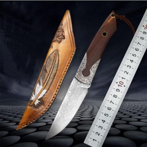 Free shipping Handmade Damascus steel Hunting Knife Camping Survival Knife Fixed Blade Tactical Knife wood handle