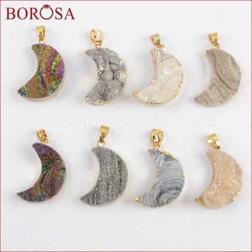 BOROSA 10PCS Gold Color Moon Rainbow Titanium Galaxy Druzy Quartz Pendant Beads for Necklace Jewelry Mix Colors for Women G1611