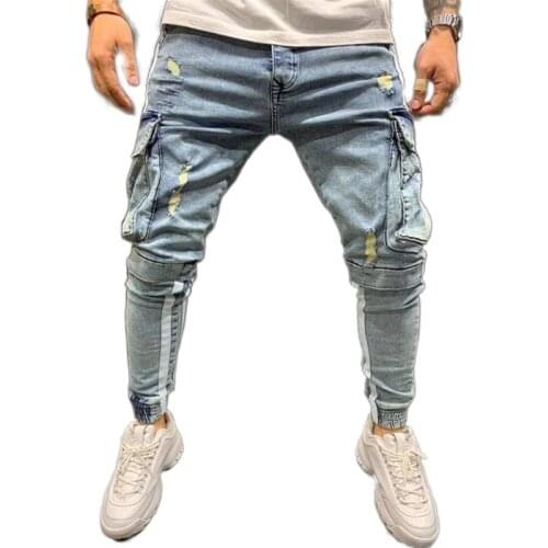 Mens striped Safari Style Brand Black Jeans Skinny Ripped Destroyed Stretch Slim multi-pocket Pants With Holes Men Jeans