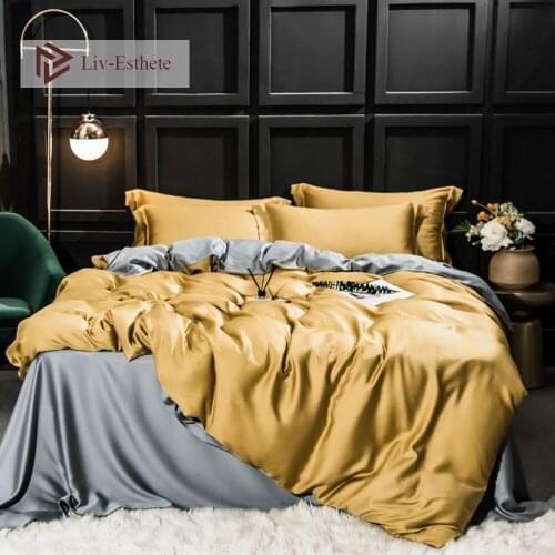 Liv-Esthete 100% Silk Beauty Yellow Gray Bedding Set Healthy Duvet Cover Flat Sheet Pillowcase Queen King Bed Linen For Sleep