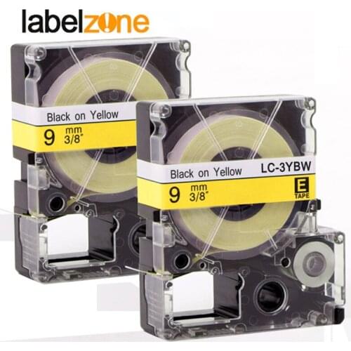 2Pcs 9mm Black on Yellow compatible Epson LC-3YBW/SC9YW label tapes strong adhesive laminated lc3ybw label ribbon for KingJim