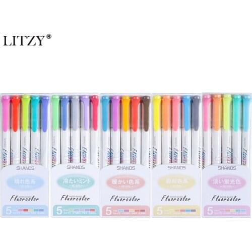 LITZY 5pcs Kawaii Double head Highlighter Pen Journal Marker Pens for School Office Drawing Art Japanese Stationery Supplies