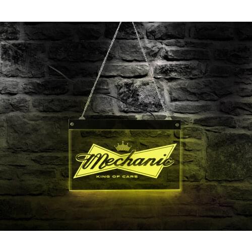 Mechanic Repair Machinery Store Rectangle Acrylic LED Neon Sign Board King Of Cars Colors Changing USB Led Light Display Sign