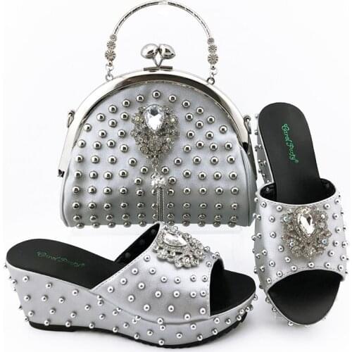 Silver Color Fashion wedge heel women shoes with handbags Italian Women High Quality with Shining in Rivets For Wedding