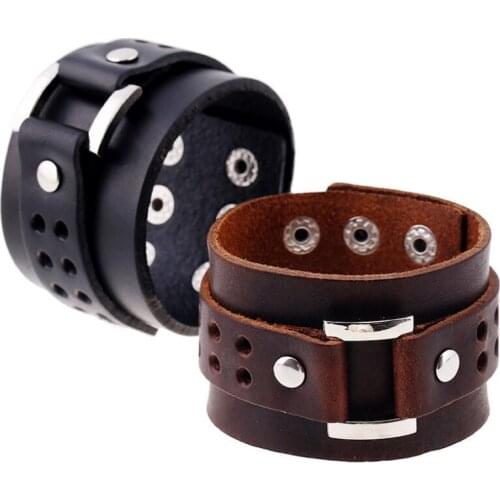 Fashion Punk Black Brown Wide Bracelet Cuff Vintage Leather Alloy Charm Bangle Buckle Unisex Biker Casual Jewelry Men Wristbands