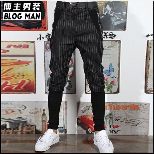 Korean Men Casual Pants Boot Cut Feet Trousers Hairstylist Striped Fake Two Harem Pants Hit Color Splice Full Length Costumes