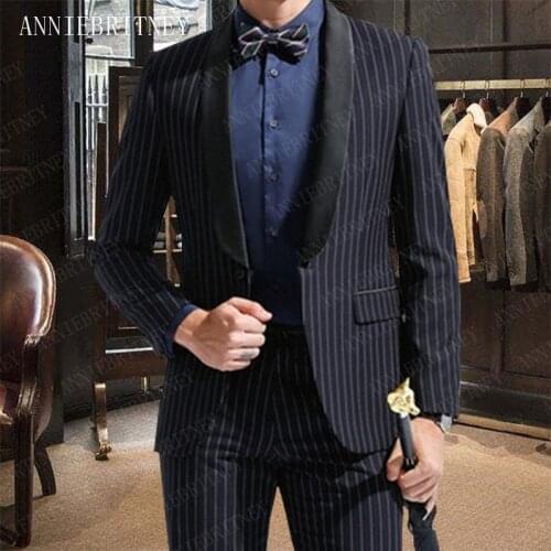 ANNIEBRITNEY Men Suits for Wedding Shawl Lapel Stripes Printed Tuxedo Man Suit Slim Fit Custom Groom Suits Casual Suit for Men