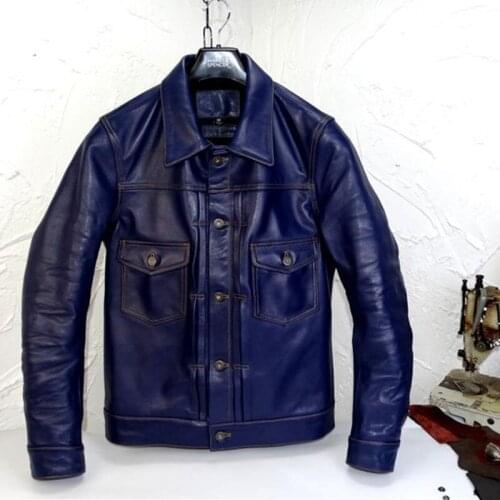 2020 Blue Men Japan Style Slim Fit Casual Jacket Single Breasted Plus Size XXXXL Genuine Cowhide Short 507X Leather Coat