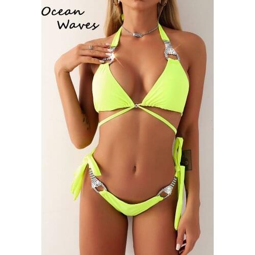 2021New Sexy Diamond Swimwear Luxury Handcuffed Swimsuit Halter Crop Top Lace Up Bikini Set Push Up Bathing Suit Solid Beachwear