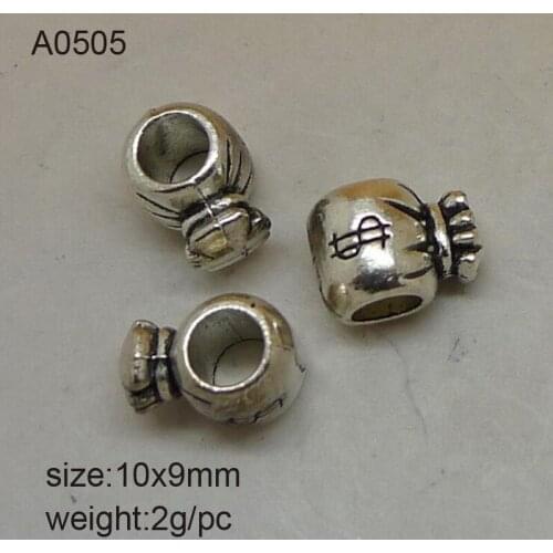 Wholesale (25 pieces/lot)9x10mm Antique Silver Alloy Big Hole Beads 3D Moneybag Beads Findings Fit Charm