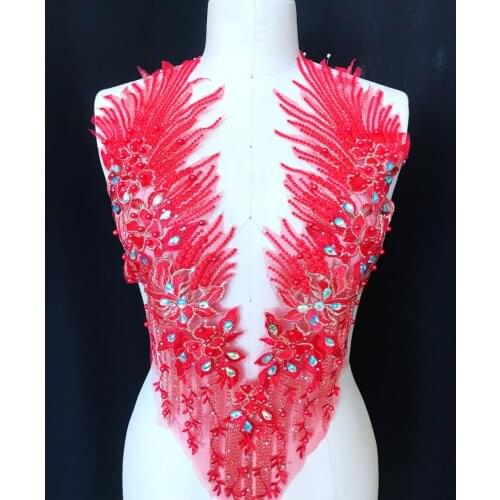 Sew on beads rhinestones red lace applique triming patches 60*33cm for evening dress DIY accessories