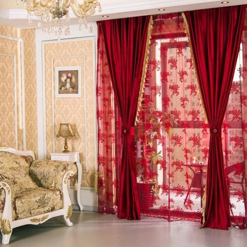 Yvonicky Custom Made Luxury Italian Wool Curtains for Living Room Joyous Red Curtains Wedding Honeymoon House Flocked Curtains