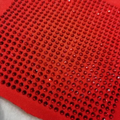 Hot Fix High Quality RED Crystal Rhinestone Polyester Spandex Elastic Stretch Fabric Dance Dress