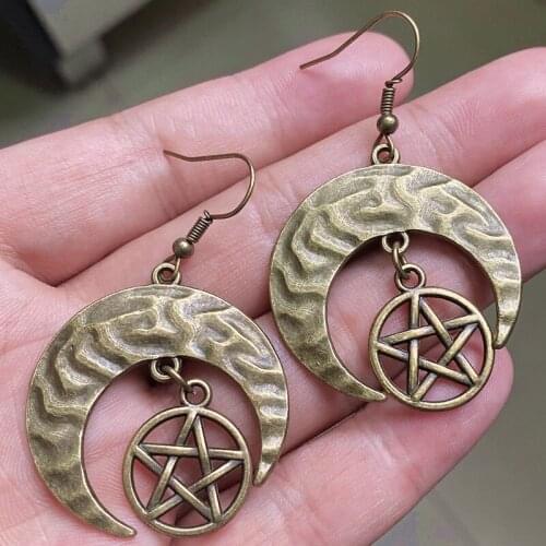 New Antique Bronze Wicca witchcraft pentagram Celtic Moon and Dragon Earrings Gothic Occult Witch Pagan Jewelry