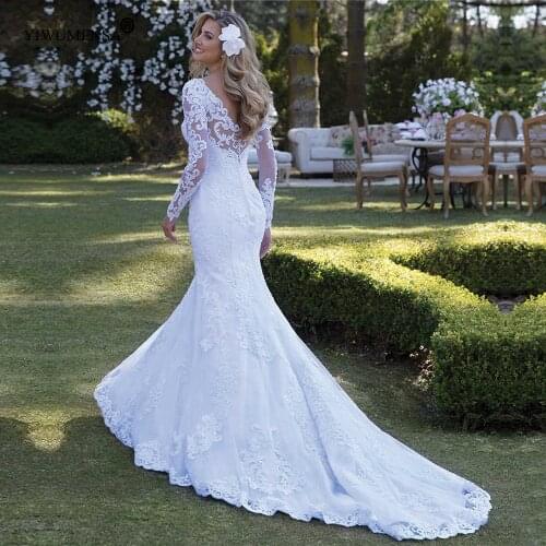 Vintage Lace Appliques V Neck Long Sleeves Tulle Mermaid Wedding Dress Women Bridal Backless Bridal Gown Plus Size Robe Marriage