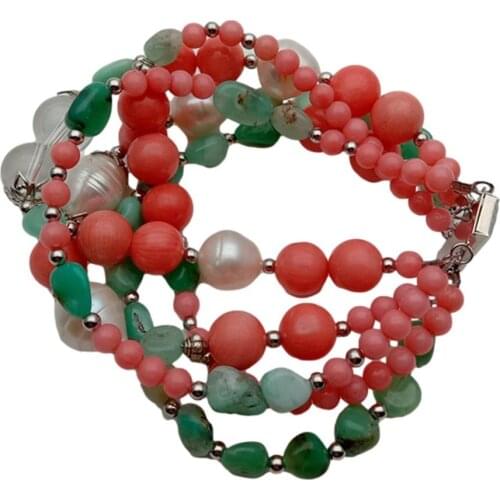 Y·YING 5 Rows Natural Green Chrysoprase Pink Coral Cultured White Rice Pearl Bracelet
