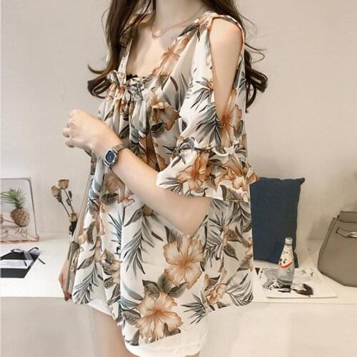 Large Size Chiffon Shirt Women Summer 2021 New Korean Fashion Shirt Loose Short-sleeved Off-shoulder Floral Blouse