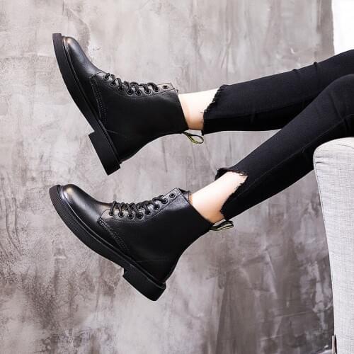 New Fashion Women Ankle Boots Genuine Leather Women Flat Martin Shoes Lace Up Warm Ladies Motorcycle Boots