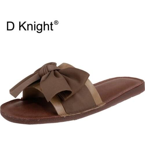 Leisure Bow Women Slippers Open Toe Lady Slides Cow Leather Slipper Woman Casual Flat Outdoor Beach Female Flip Flops Shoes 2020