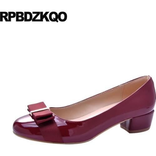 Designer chunky wine red footwear kawaii size 33 ladies mid heels shoes 2019 low big round toe patent leather thick bow black