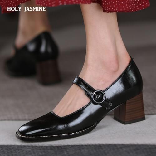 Genuine Leather Mary Jane Womens Shoes Fashion Retro Buckle Shallow Pumps Square Toe Thick Heel Handmade Shoes Woman Size 34-40