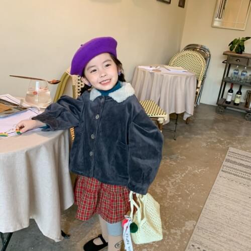 2021 Winter Children Girls Fur Collar Warm Corduroy Jacket Buttons Solid Brief Trendy Fashion Baby Outwear Korea Pocket Clothes