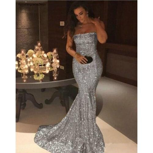 2019 Sparkling Sequins Mermaid Evening Dress Strapless Celebrity Formal Holiday Wear Prom Party Gown Custom Made Plus Size