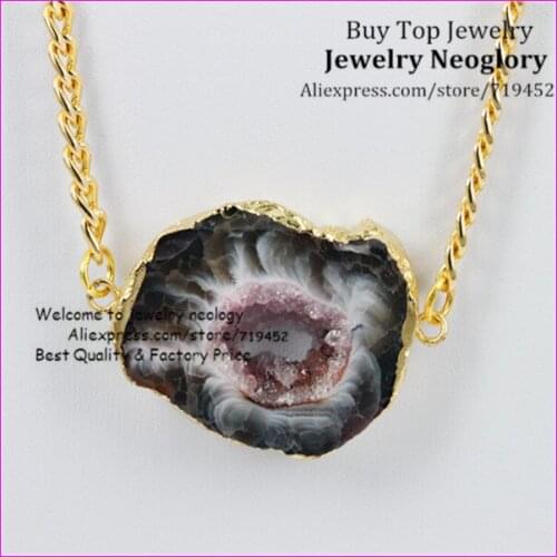 5PCS Gold Color Nature Brown Leopard Stone Druzy Geode Pendant Necklace Freedom Shape Drusy Gems Quartz pendant in Gold Chain