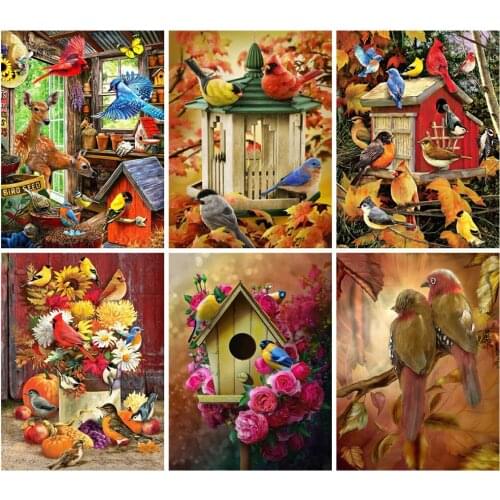 Huacan 5d Diamond Painting Full Drill Bird House Home Decor Diamond Mosaic Embroidery Animal Tree Wall Stickers