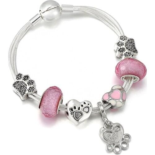 Cute Dog Paw Print Charm Beads Pendants Fit Brand Multi-layer Charm Bracelet For Women Cartton Style Jewelry Gift