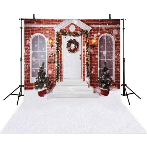 Christmas House Photography Backdrop Winter Snow Front Door Red Windows Pine Tree Glitter Snowfield Decoration