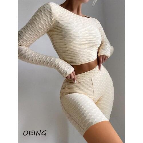 Two Piece Legging Set Long Sleeve Crop Tops and Biker Shorts Yoga Suits Workout Gym Clothes Tights Sets Seamless