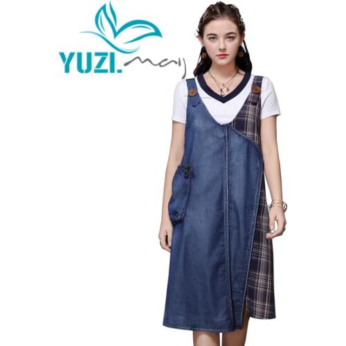 Summer Dress 2020 Yuzi.may Boho New Cotton Women Dresses Asymmetrical Hem Denim Patchwork Suspender Vestidos A82125 Vestido
