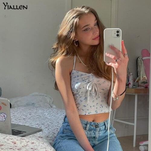 Yiallen Halter Tank Top Women Print Drawstring Camisole Summer Y2k Backless Ruched Elastic Vest Trend Wild Streetwear Clothes