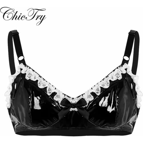 Fashion Male Mens Black Spaghetti Straps Lingerie Bra Floral Sissy Lace with Bowknot Wetlook Faux Leather Bra Top for Nightwear