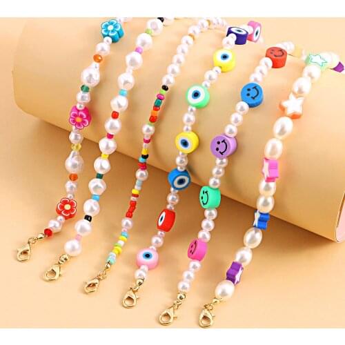 Trendy Handmade Pearl Foot Chain Anklet Women Soft Ceramic Eyes Smiley Face Rice Beaded Ankle Bracelets Beach Barefoot Jewelry