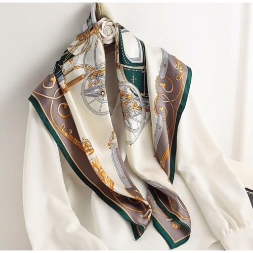 Muslim Square Silk Scarf Women 90*90cm Satin Print Chiffon Hijab Scarves Female Shawls Wrap Hair Head Scarf Bandana Beach Pareo