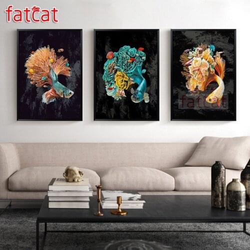 FATCAT Abstract fish flower diy 5d diamond painting full square round drill mosaic embroidery sale triptych kits decor AE2528