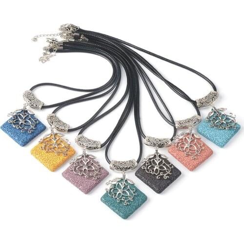 Delicate Natural Stone Volcanic Lava Colorful Square Metal Edging Pendant New Fashion Sweater Chain Jewelry Necklace Best Gift