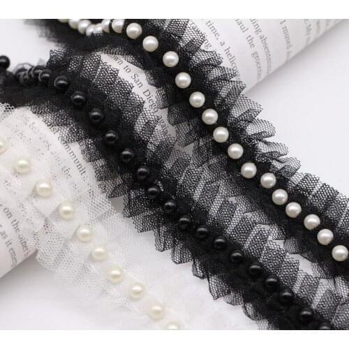 New 5yard Ruffled Beaded Lace Trim 3cm wide Fake Pearl Beaded Pleated Mesh Fabric Paillette Beaded Trim Braid Lace Applique X554