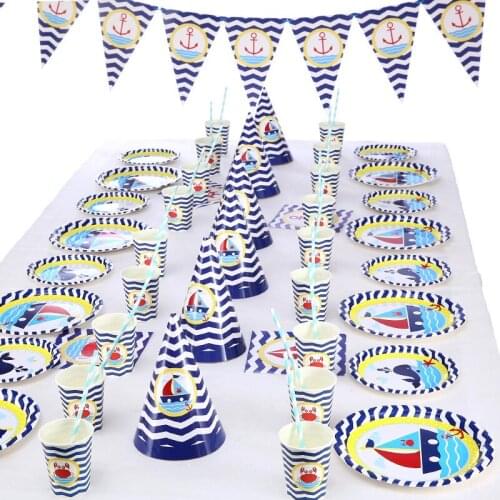 Navy Theme Disposable Tableware Birthday Party Decorations Cartoon Plate Napkins Cup Tablecloth Wedding Party Supplies